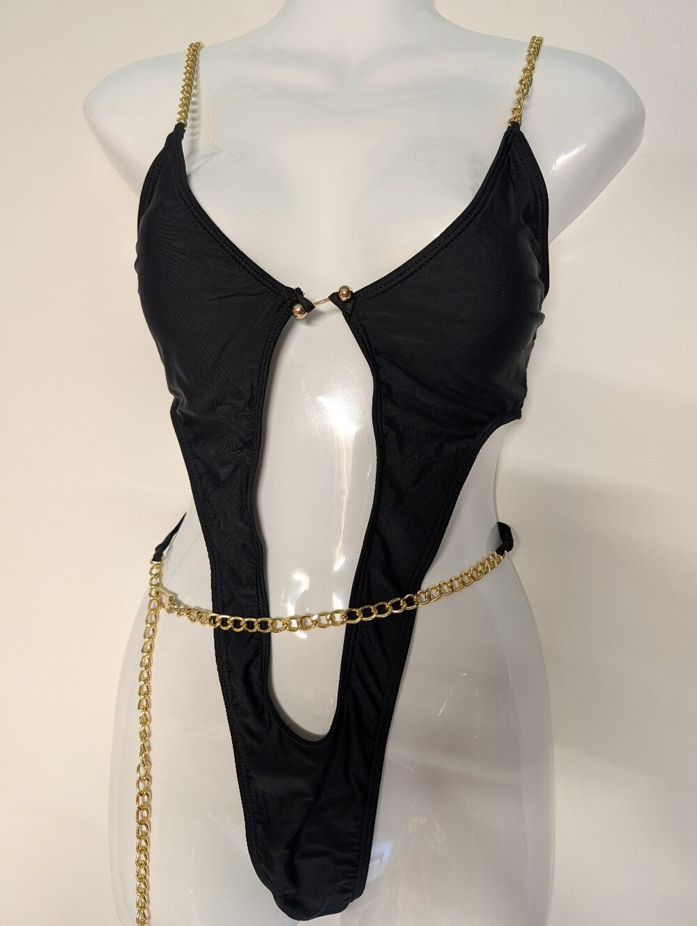 Black Chain-Strap Bandeau Bikini Set - Women's Swim Size S-M Cutout One Piece